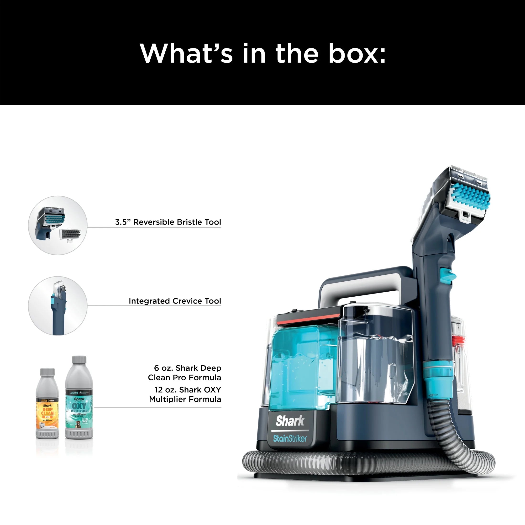Shark Stainstriker Carpet and Upholstery Cleaner, Portable with 2 Tools, 6 oz Deep Clean Pro Formula and 12 oz OXY Multiplier Formula, PX200 Navy/White
