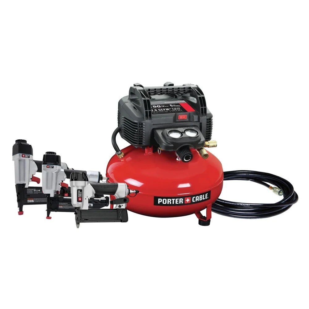 Restored Porter - Cable PCFP3KITR 3 - Piece Nailer and 0.8 HP 6 Gallon Oil - Free Pancake Air Compressor Combo Kit (Refurbished)