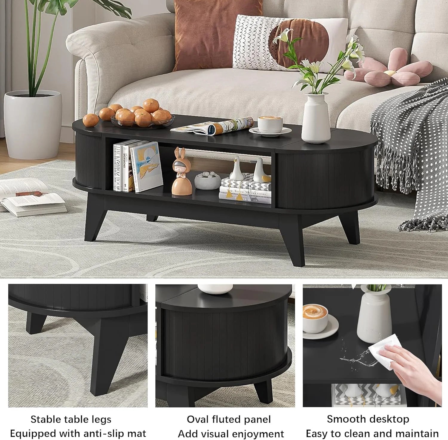 Fluted Coffee Table with Storage, Modern Coffee Tables, Wood Accent Center Table