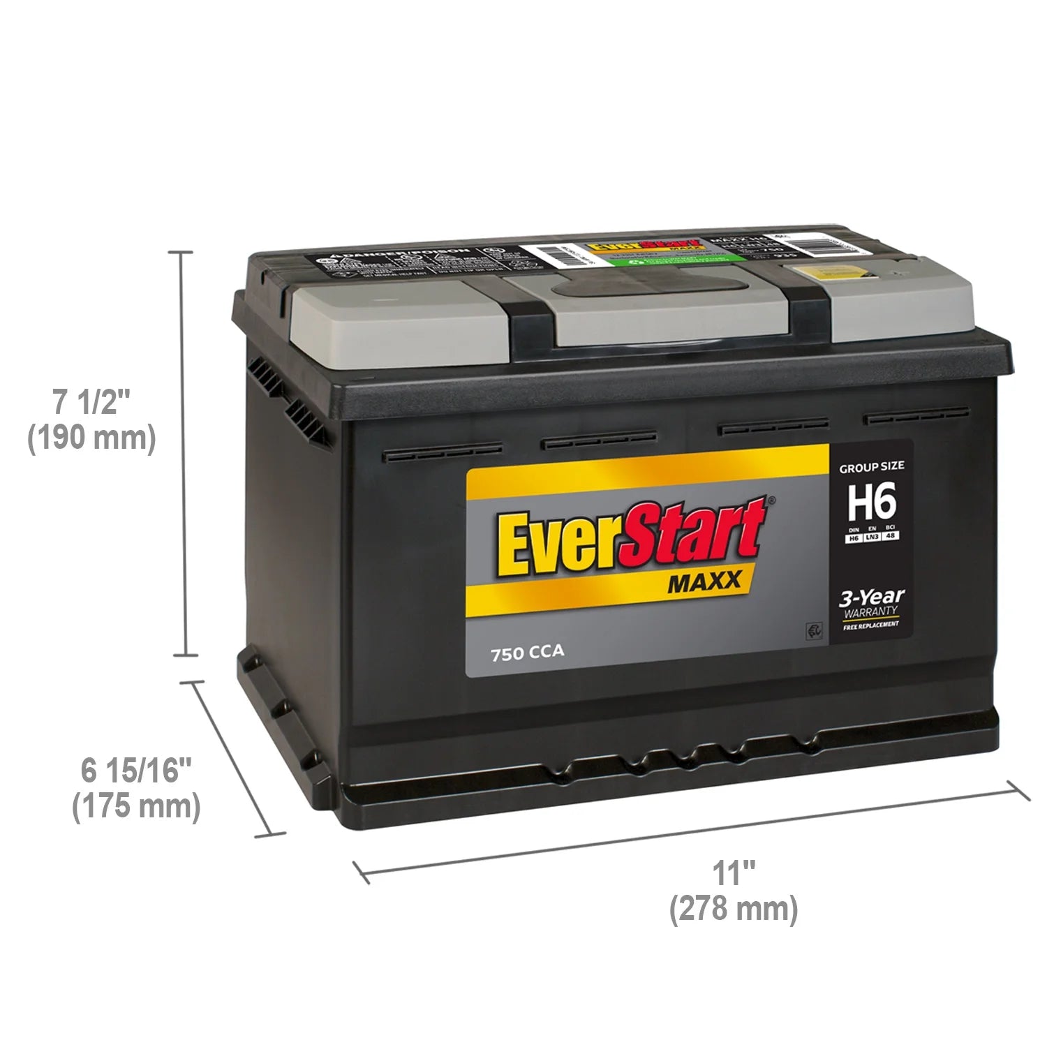 Everstart Maxx Lead Acid Automotive Battery, Group Size H6 / LN3 / 48 12 Volt, 750 CCA 120 RC