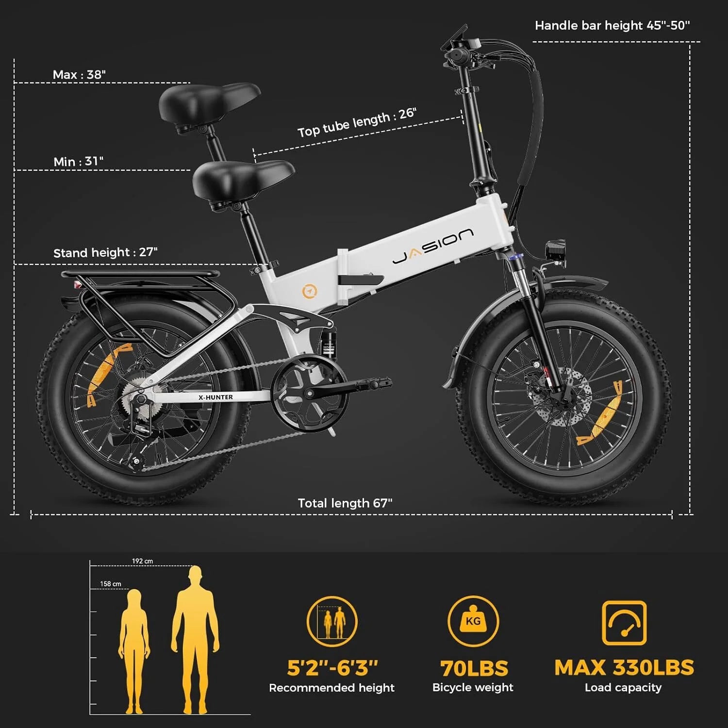 Jasion X - Hunter Electric Bike for Adults, 750W Motor Electric Bicycle with 48V 13AH Removable Battery, 20" X4.0 Fat Tire Folding Ebike, Full Suspension, 7 - Speed Bicycles