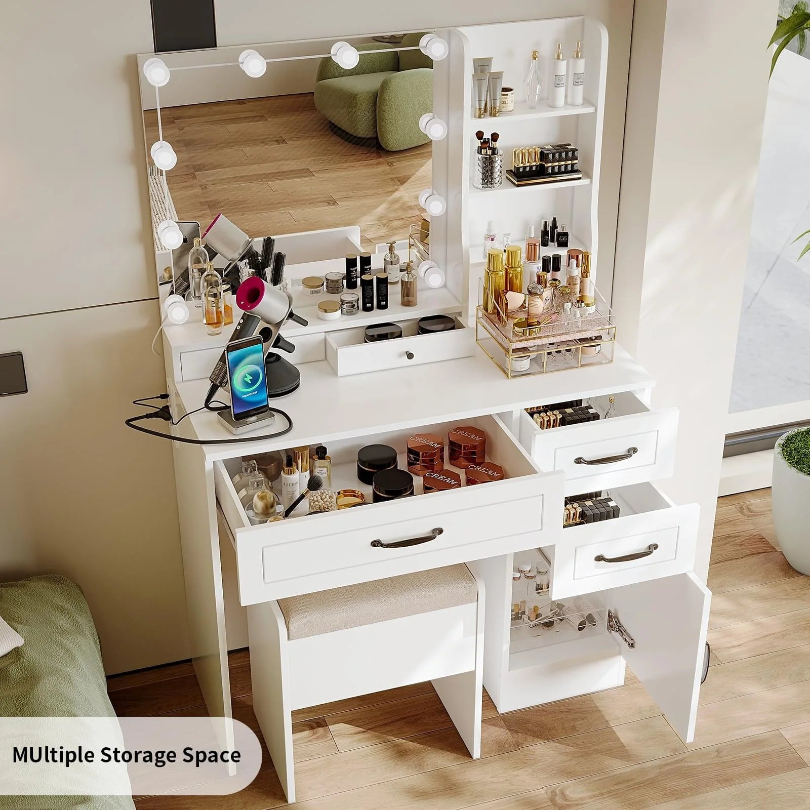 Richya Makeup Vanity Table with Lighted Mirror Power Outlet Drawers and Cabinet for Bedroom White