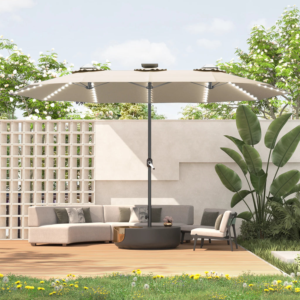 AECOJOY 15ft Patio Double-Sided Umbrella, 156 PCS Solar LED Light Outdoor Large Umbrella, Beige