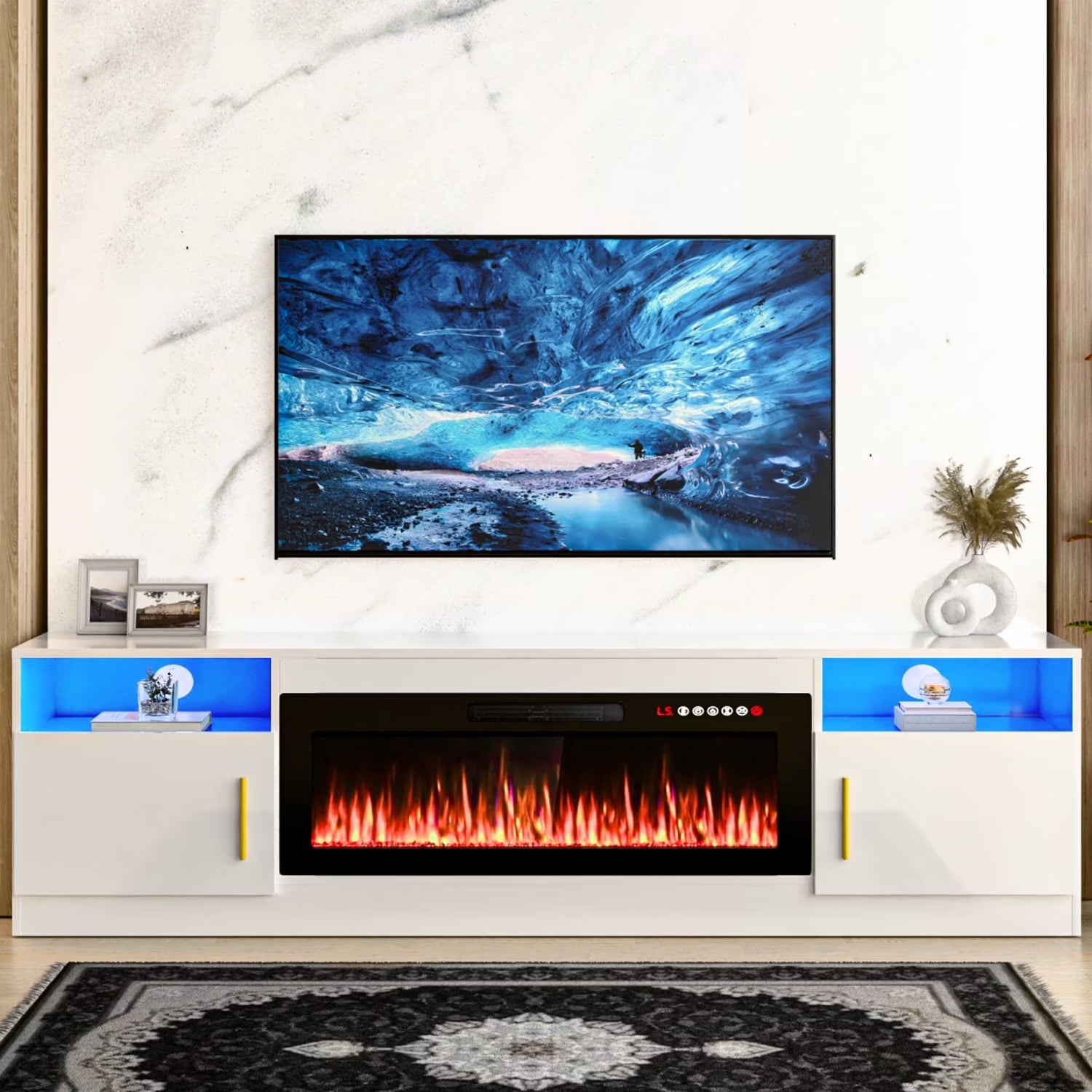 Waleaf Fireplace TV Stand with 36" Electric Fireplace up to 80" Tvs, Modern Wood Media TV Console with Highlight Cabinet, White