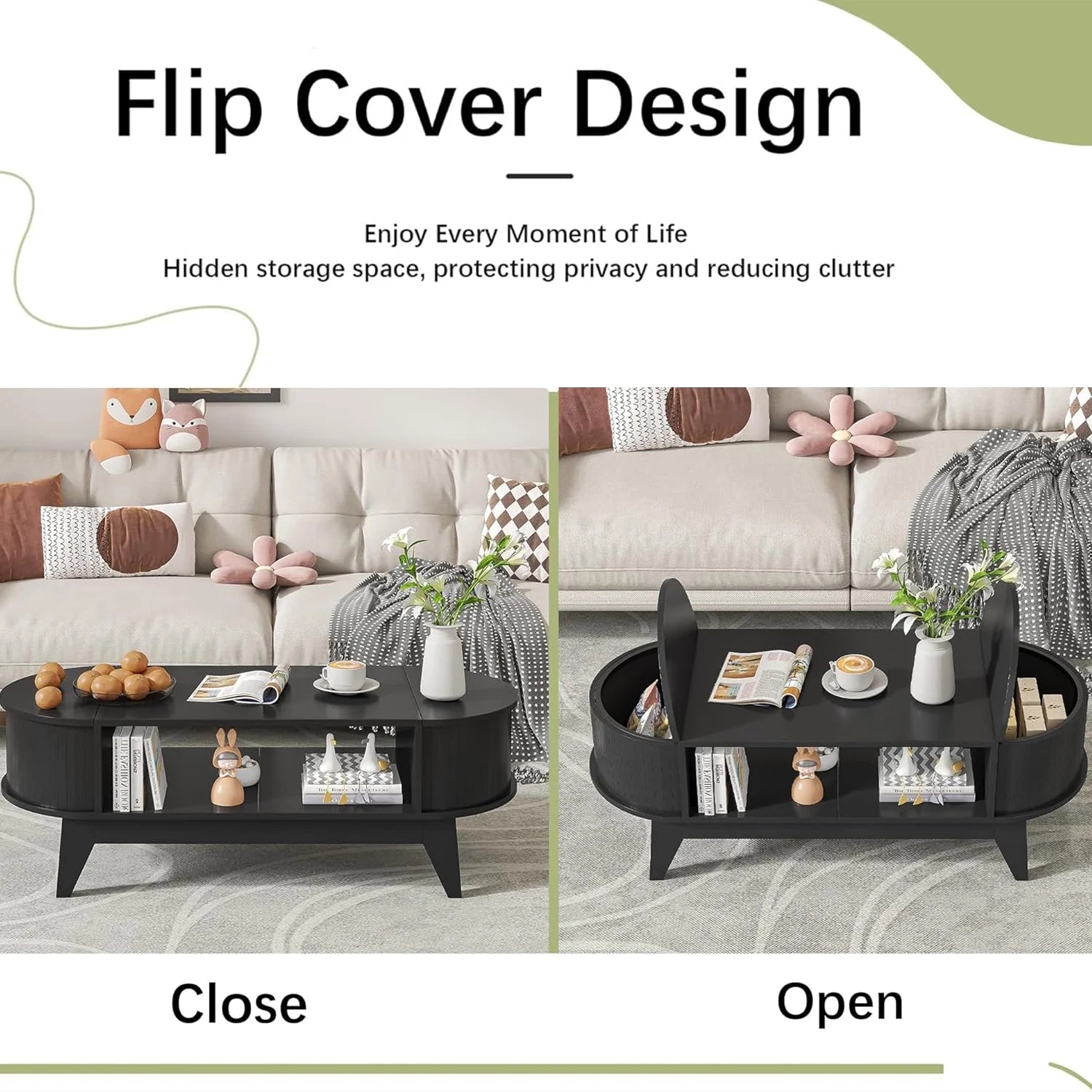 Fluted Coffee Table with Storage, Modern Coffee Tables, Wood Accent Center Table