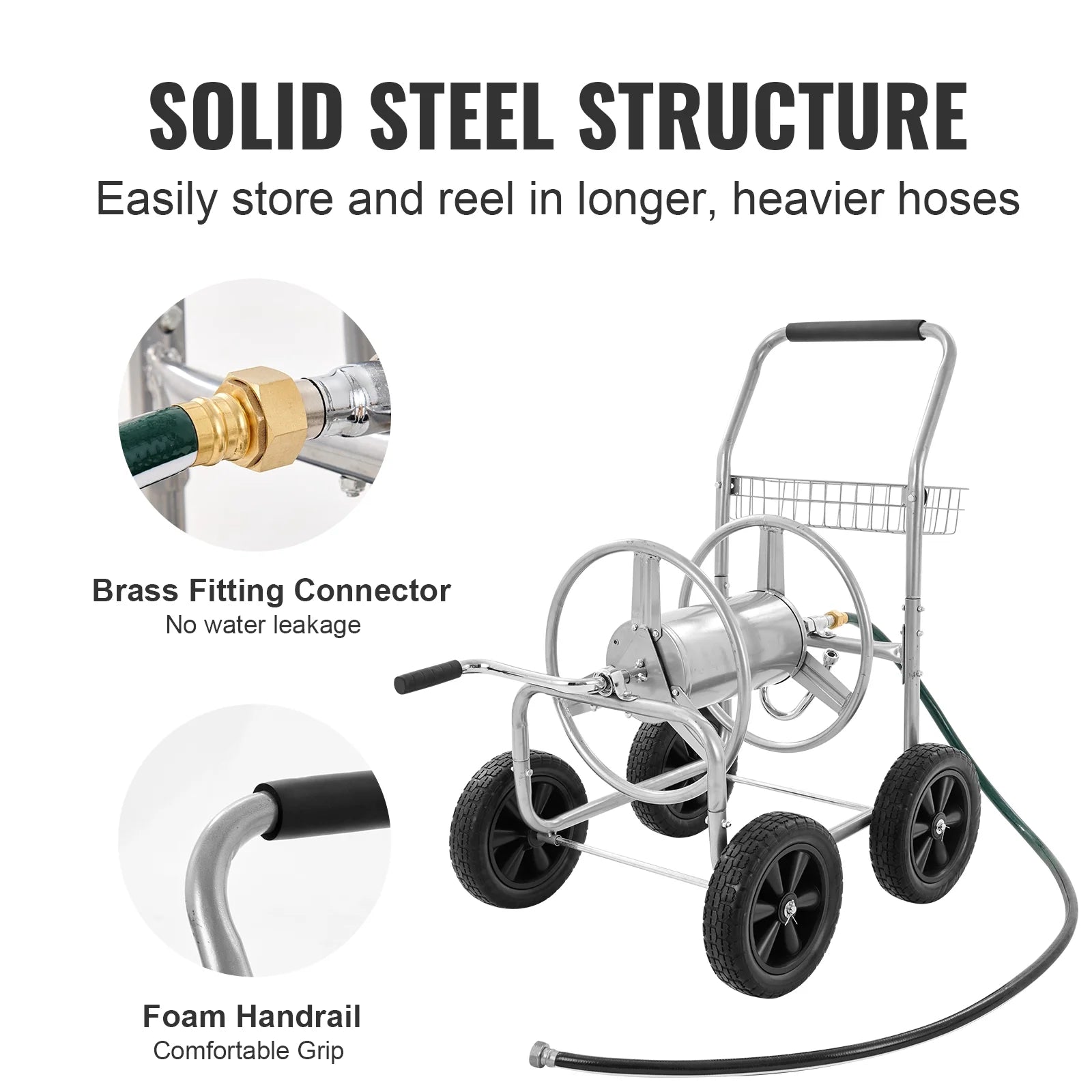 VEVOR Hose Reel Cart, Hold up to 250 Ft of 5/8 Hose, Garden Water Hose Carts Mobile Tools with 4 Wheels, Heavy Duty Powder - Coated Steel Outdoor Planting with Storage Basket, for Garden, Yard, Lawn
