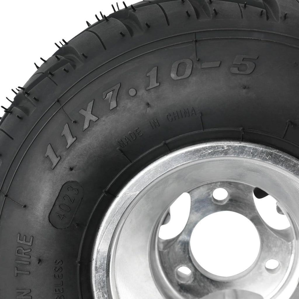 Set 4 Go Kart Tires and Rims, 10x4.50 - 5 Front Tubeless Tires Rims, 11x7.10 - 5 Rear Tires Rims, Go Cart Wheels and Tires Fit Bolt Pattern 58 Mm with 3 Holes Drift Trike, Buggy Lawn Mower