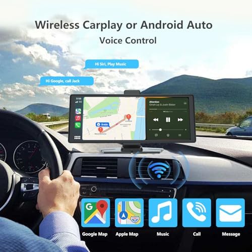 10.26" HD Carplay Screen for Car, Portable Wireless Apple Android Auto Car Play Stereo with Voice Control, 4K Dashcam, 1080P Backup Camera, Mirror Link, Bluetooth GPS，Car Audio Receivers