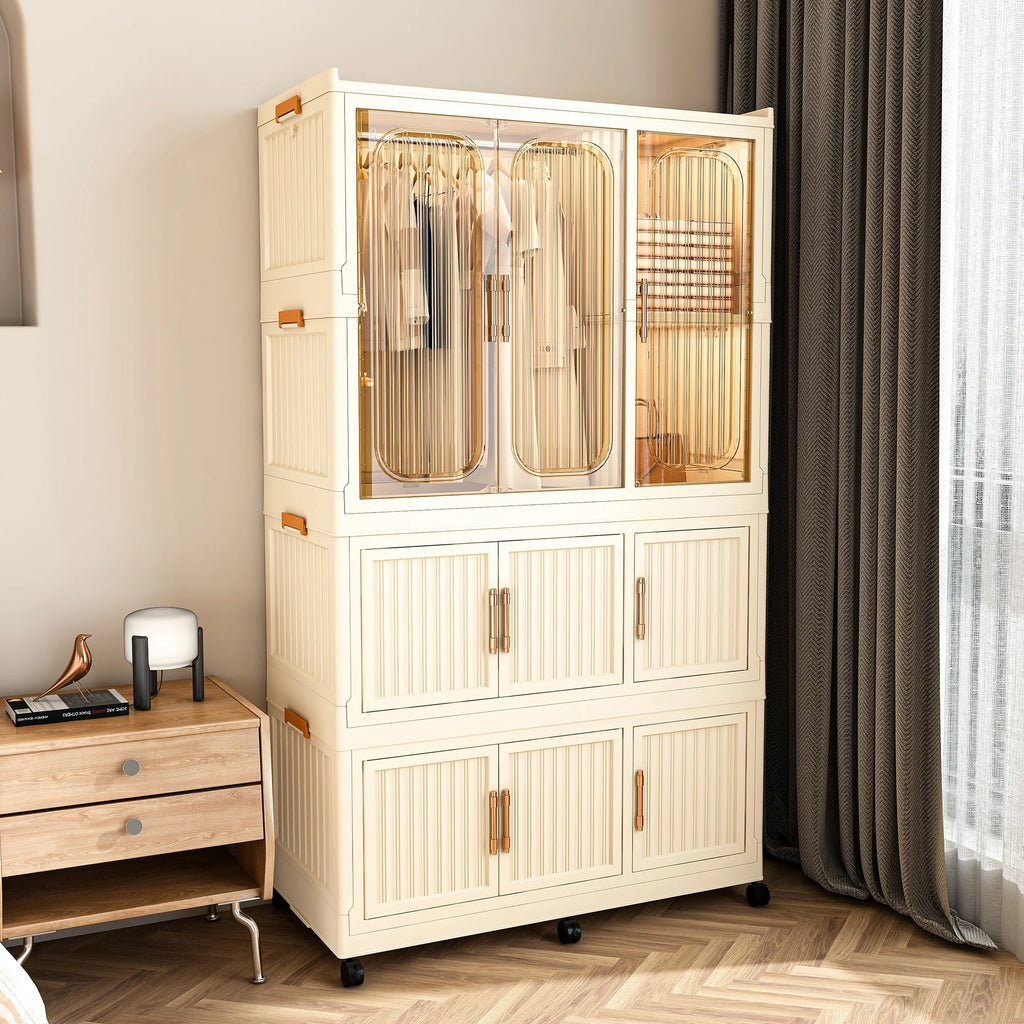 Montary Kids Portable Wardrobe W/ Magnetic Doors & Hanging Rod - 4 - Cube Plastic Storage Cabinet, Nursery/Bedroom