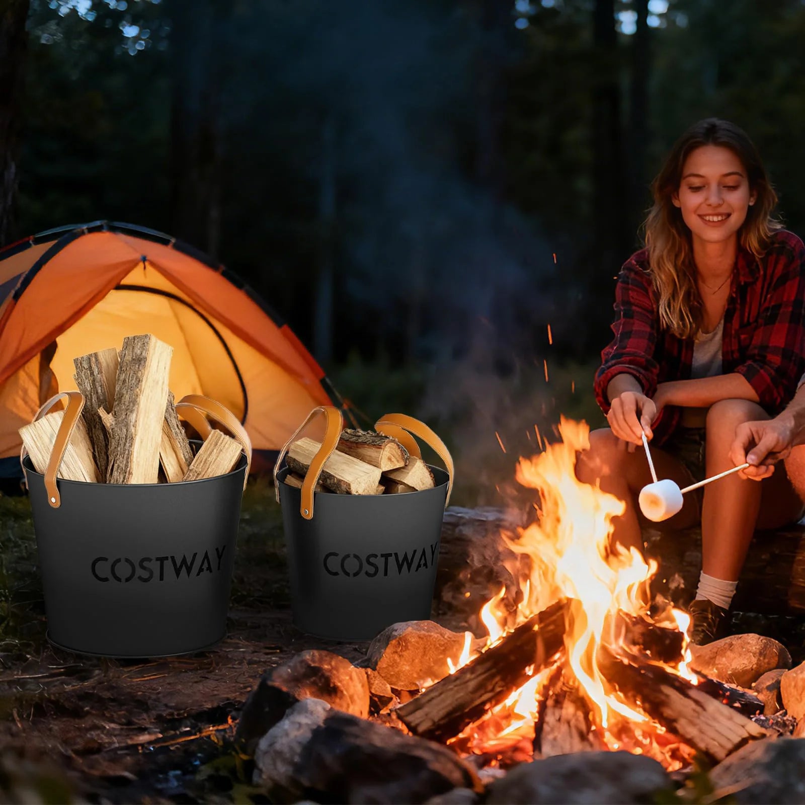 Tangkula Firewood Bucket Set of 2 with Reinforced Genuine Leather Handles