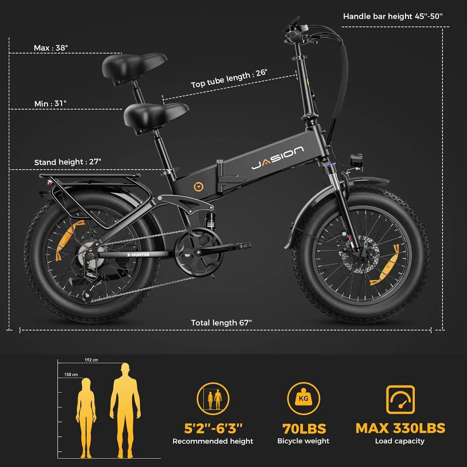 Jasion X - Hunter Electric Bike for Adults, 750W Motor Electric Bicycle with 48V 13AH Removable Battery, 20" X4.0 Fat Tire Folding Ebike, Full Suspension, 7 - Speed Bicycles