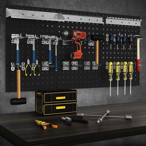 3 Pcs Metal Pegboard Panels w/25 Hooks, Storage Platform & Square Hole, Heavy Duty Pegboard Wall Organizer, Peg Board for Workshop Tool Storage
