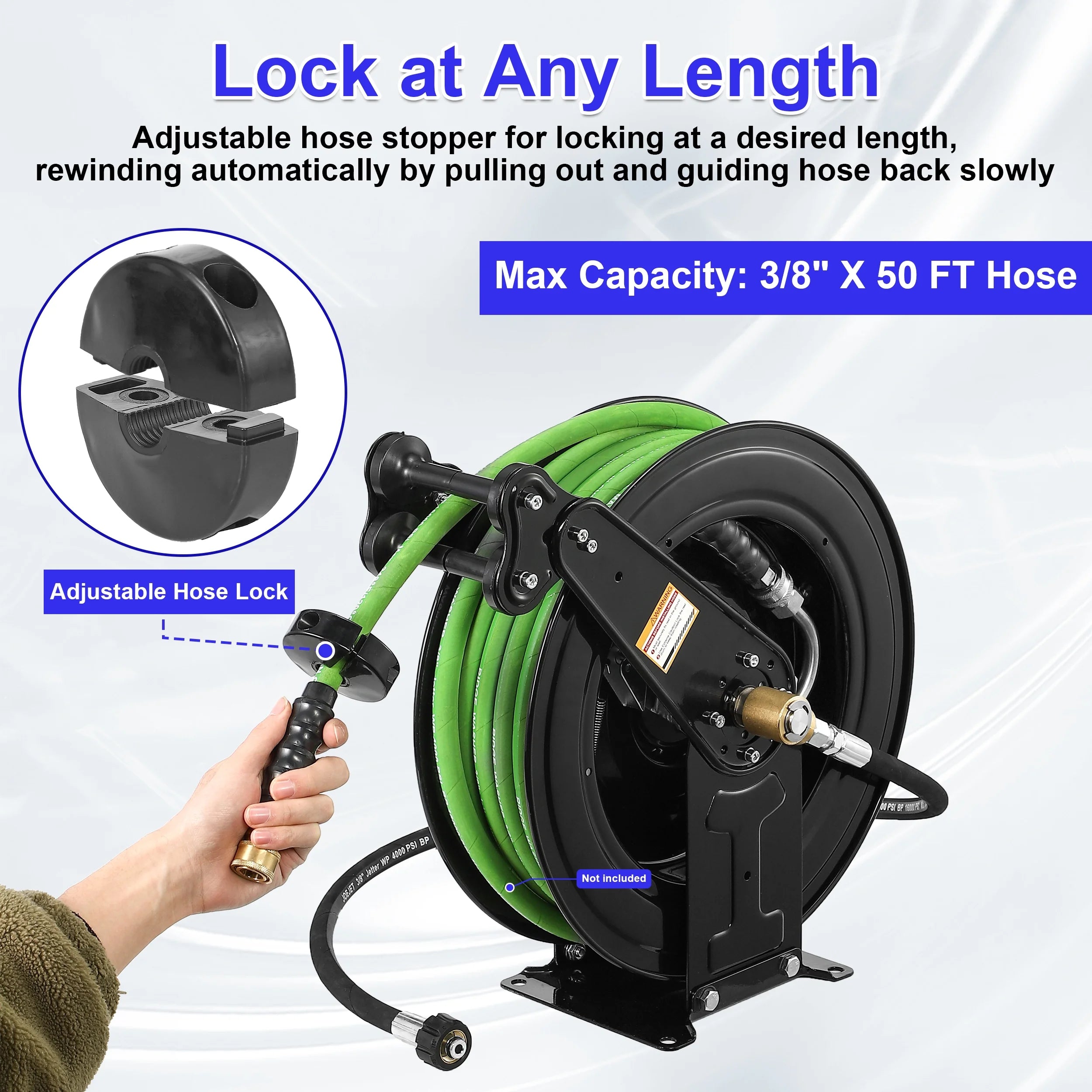 Auto - Retractable Pressure Washer Hose Reel, 50FT x 3/8" Heavy Duty Steel Power Washer Hose Reel Dual Arm, 4000 PSI