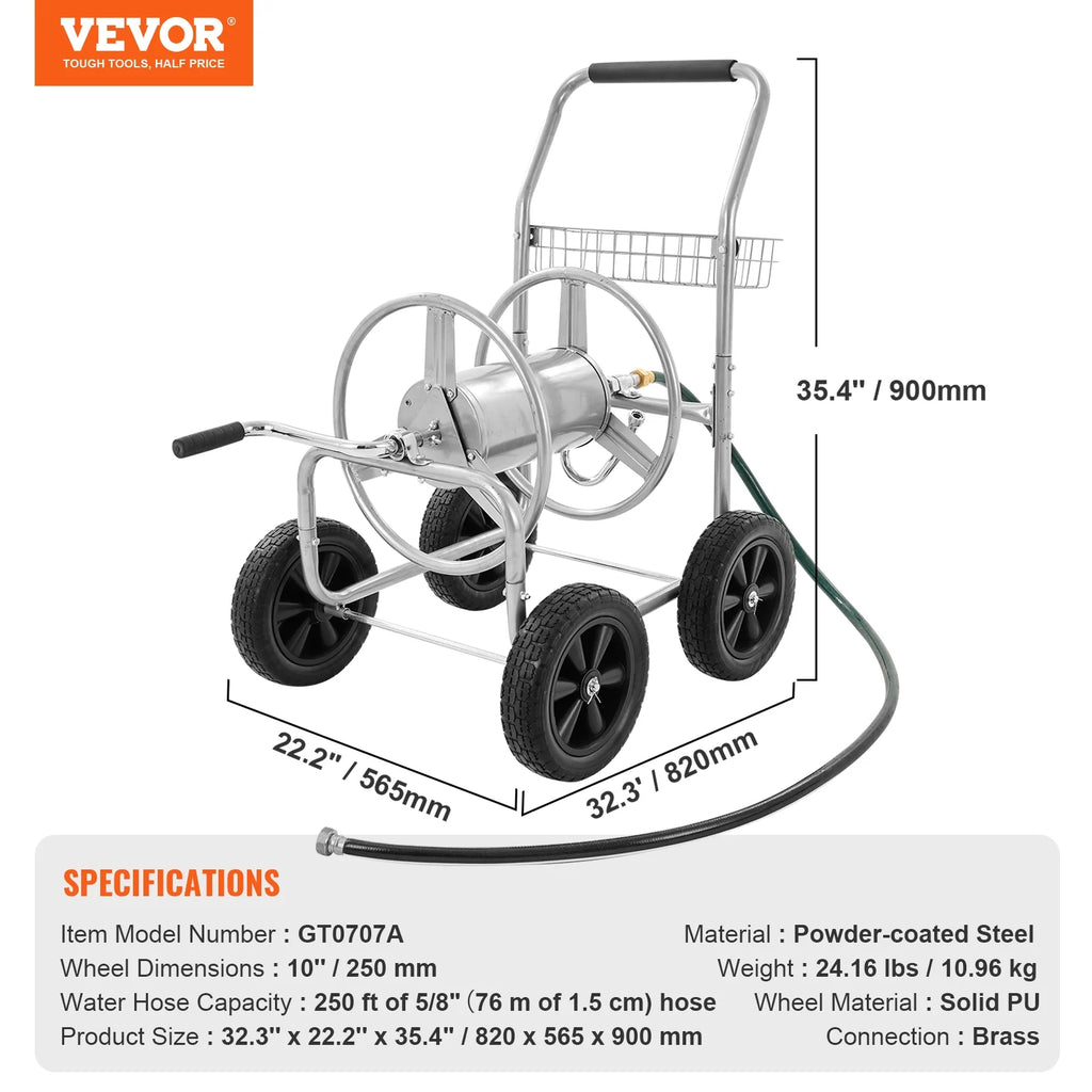 VEVOR Hose Reel Cart, Hold up to 250 Ft of 5/8 Hose, Garden Water Hose Carts Mobile Tools with 4 Wheels, Heavy Duty Powder - Coated Steel Outdoor Planting with Storage Basket, for Garden, Yard, Lawn