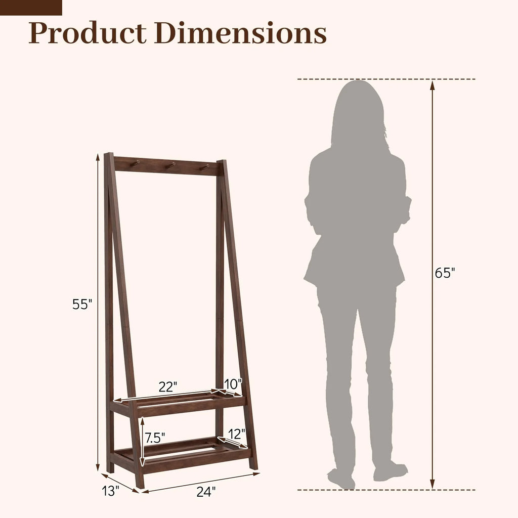 Tangkula Freestanding Rubber Wood Garment Rack with 3 Hooks and 2 Shelves