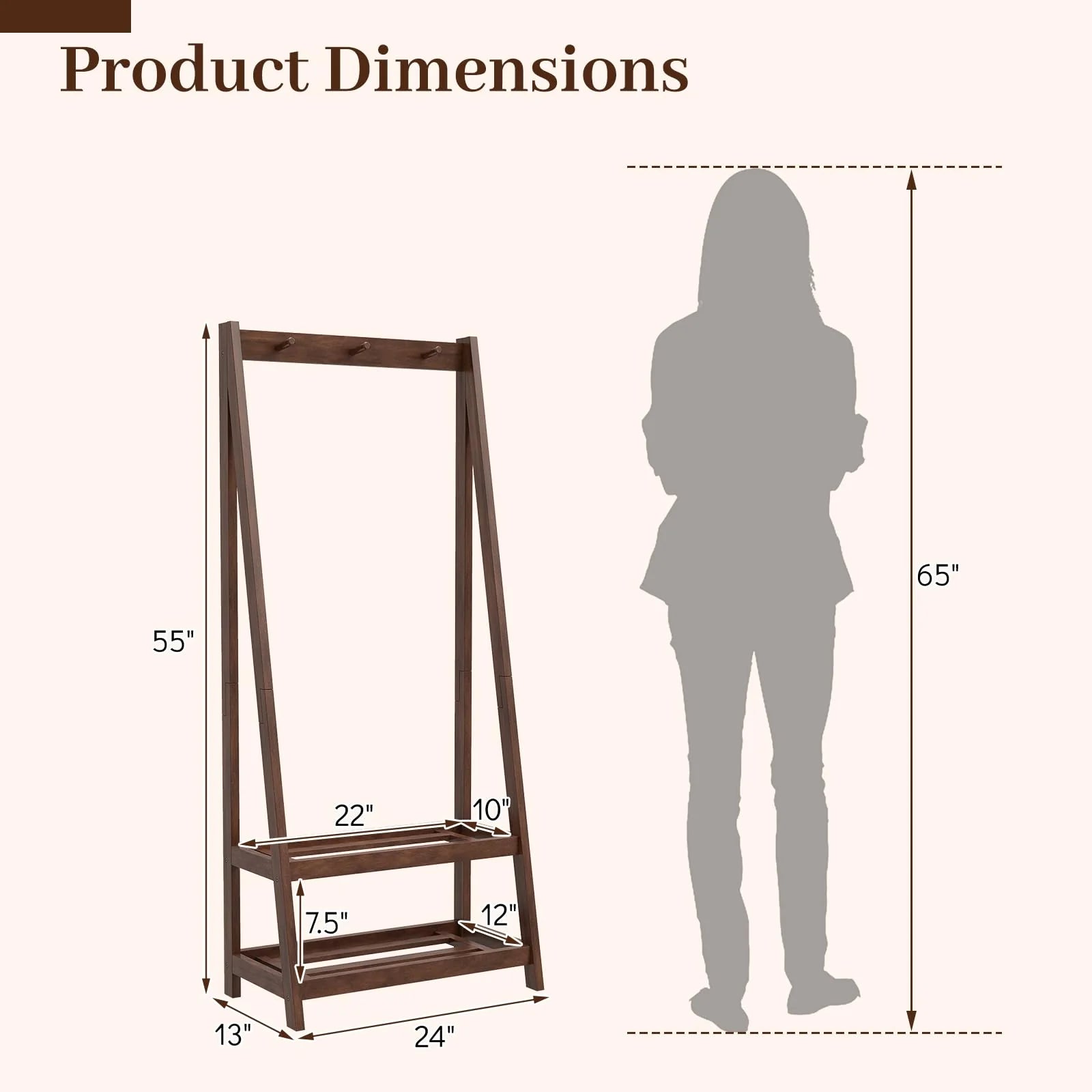 Tangkula Freestanding Rubber Wood Garment Rack with 3 Hooks and 2 Shelves