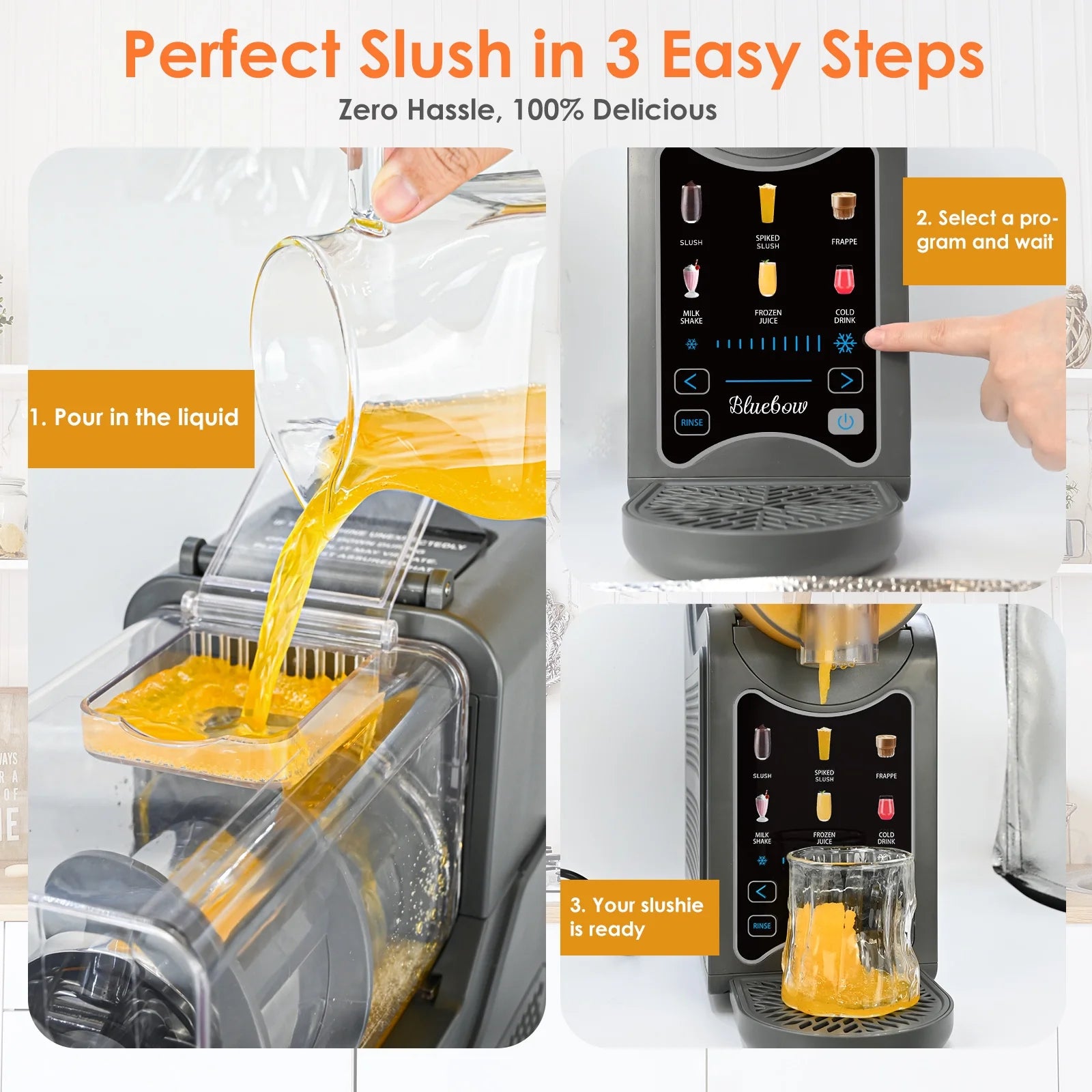 Bluebow Slushie Machine for Home, 88 oz Vessel Slush Maker with 6 Presets, No Ice Needed, Frozen Drink Maker for Smoothie, Frappe, Milkshakes and More