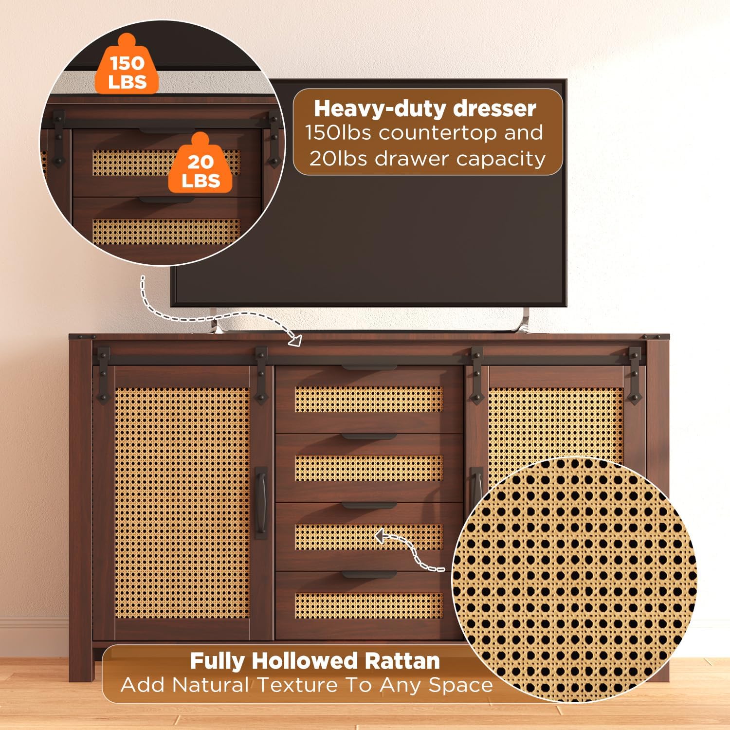 AECOJOY Farmhouse Sideboard Buffet Cabinet with Storage, Rattan Kitchen Cabinet w/Sliding Barn Doors & 4 Drawers