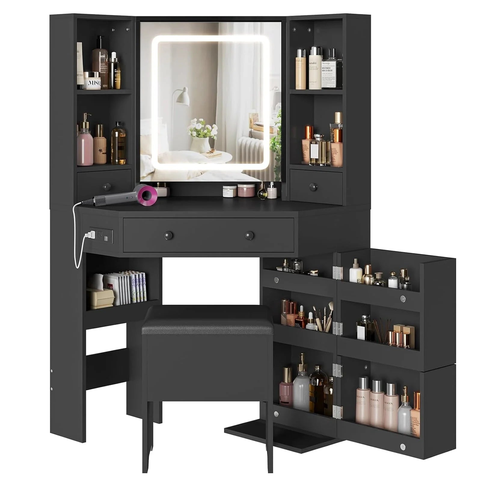 Black Vanity Set with Lights & Charging Station & Cushioned Stool, Modern Makeup Vanity Desk Table with Visible Drawers and Open Storage Shelves for Women Girls