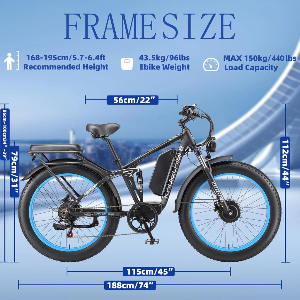 KAIJIELAISI Electric Bike for Adults, AWD Ebikes Dual Motor Peak 6000W, 26'' Fat Tire Bikes with 52V 26AH Battery Hydraulic Brake ​​electric Bicycle, 7 Speed Mountain Ebike UL 2849