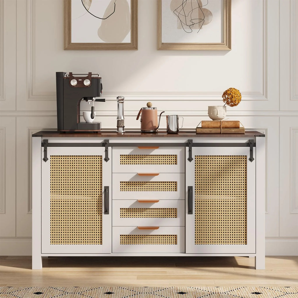 AECOJOY Farmhouse Sideboard Buffet Cabinet with Storage, Rattan Kitchen Cabinet w/Sliding Barn Doors & 4 Drawers