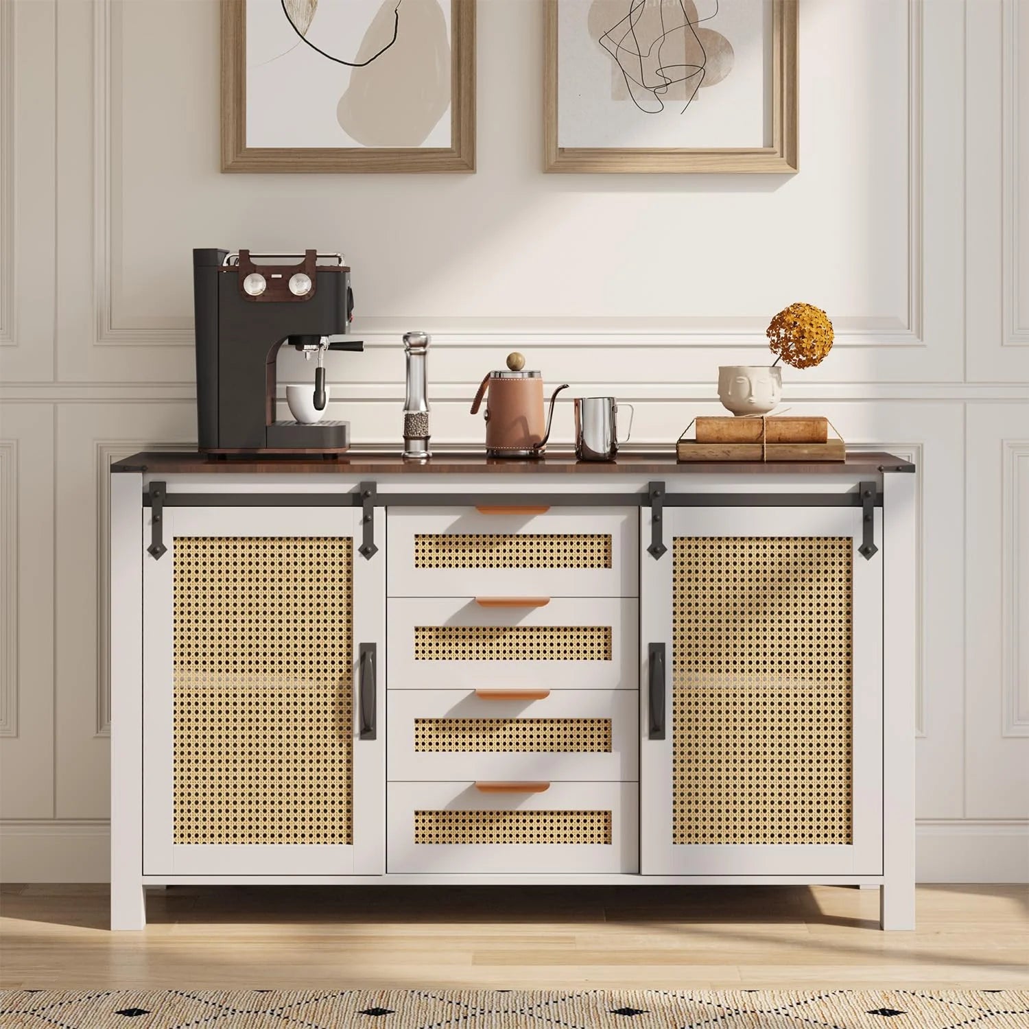 AECOJOY Farmhouse Sideboard Buffet Cabinet with Storage, Rattan Kitchen Cabinet w/Sliding Barn Doors & 4 Drawers