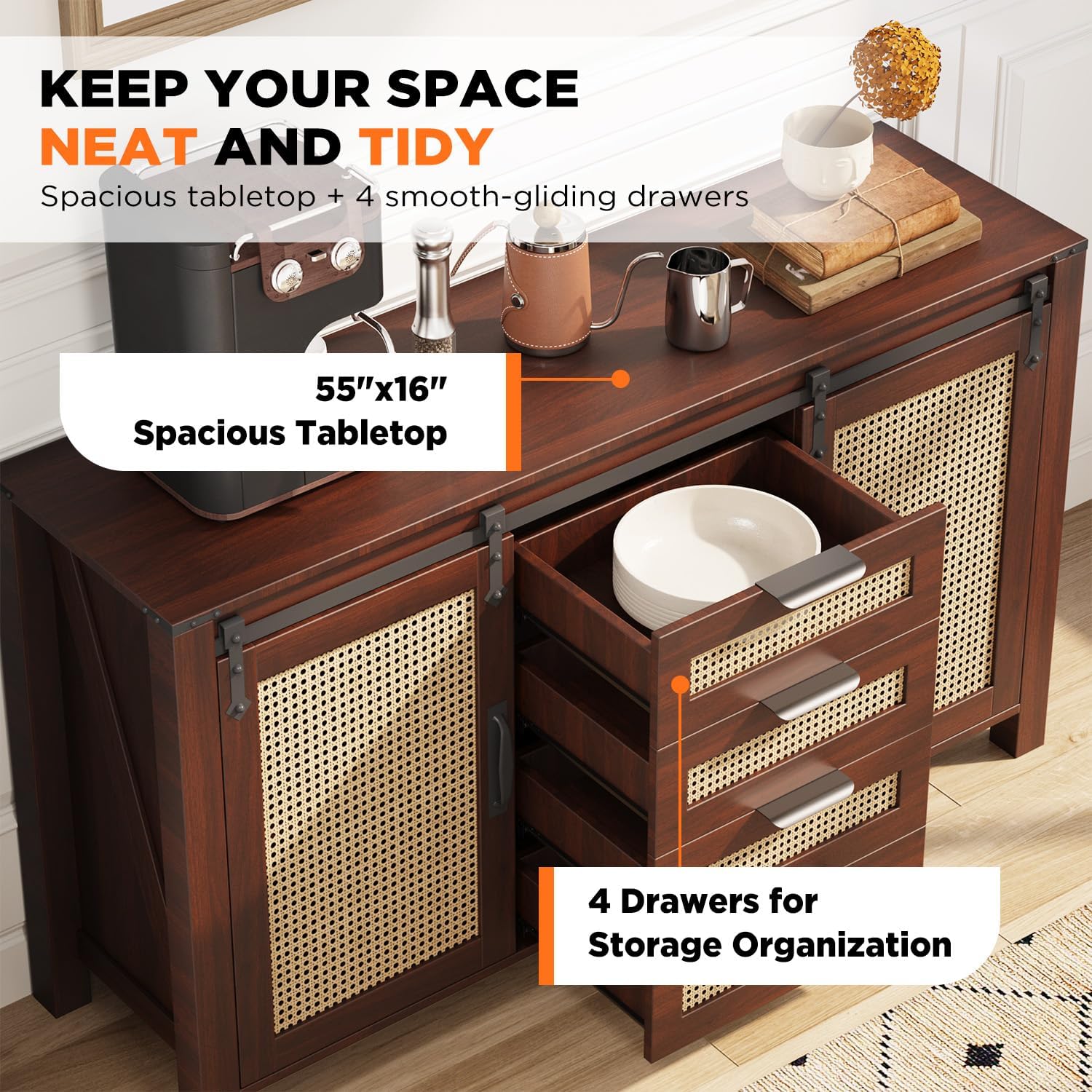 AECOJOY Farmhouse Sideboard Buffet Cabinet with Storage, Rattan Kitchen Cabinet w/Sliding Barn Doors & 4 Drawers