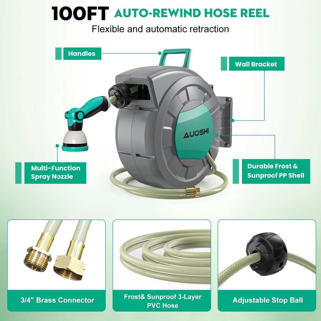 AUOSHI Retractable Garden Hose Reel 1/2" 100ft Automatic Hose Reel with 10 Function Sprayer Nozzle Wall Mount 180 Deg Swivel Bracket Hose Reel with Any Length Lock Slow Return System