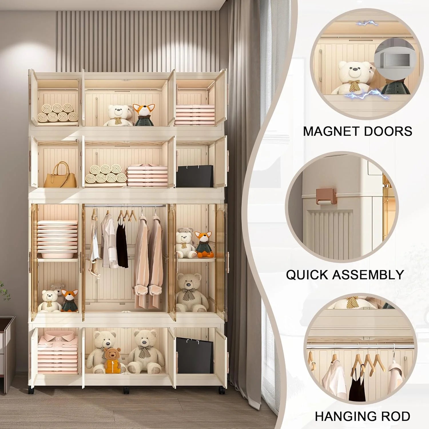 Montary Kids Portable Wardrobe W/ Magnetic Doors & Hanging Rod - 4 - Cube Plastic Storage Cabinet, Nursery/Bedroom