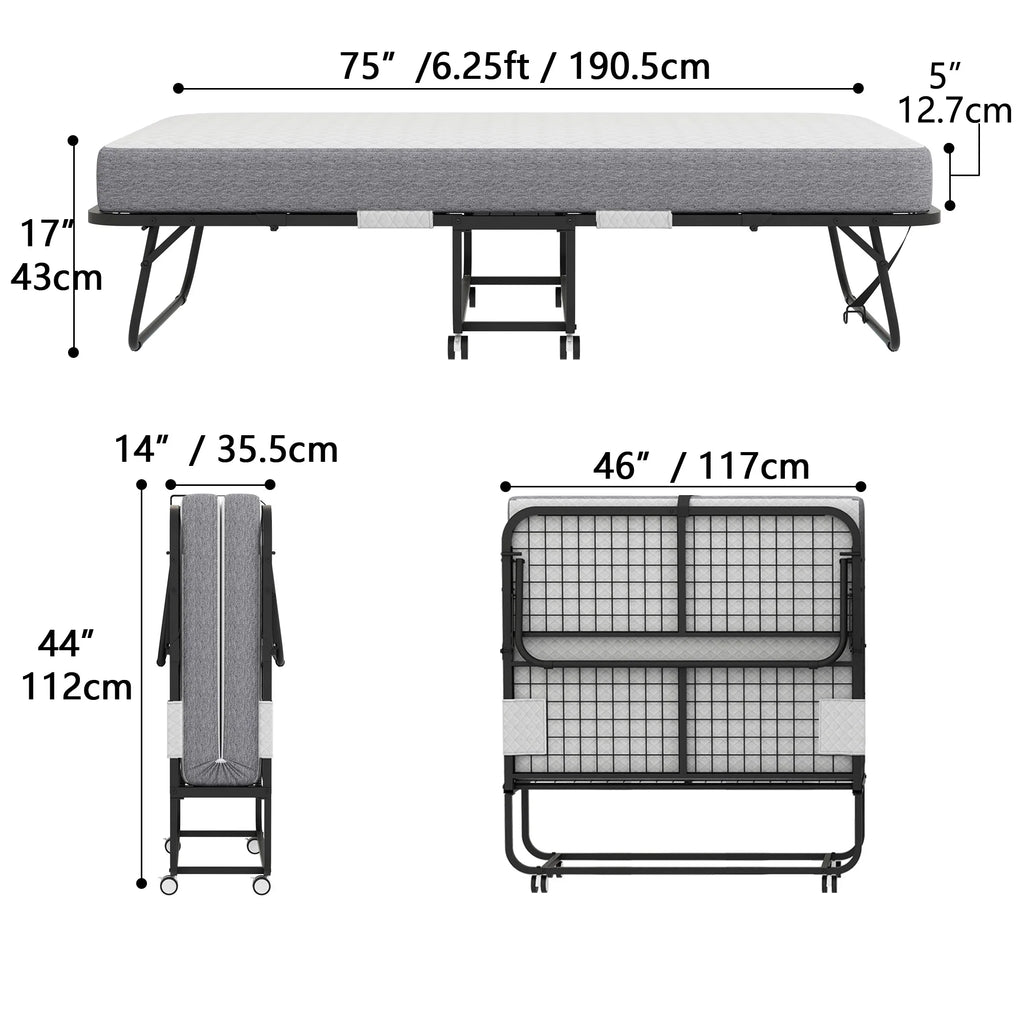 Folding Bed with Mattress 75" x 31" Cot Size Folded Bed, Rollaway Guest Bed Portable Foldable Extra Bed for Adults Daybed with 5" Memory Foam Mattress Space - Saving Sturdy Metal Grid Frame