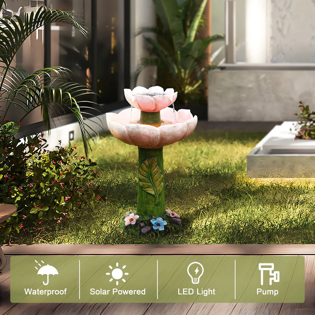 Luxenhome Solar Powered Pink Flower 2 - Tier Resin Birdbath Fountain with Lights