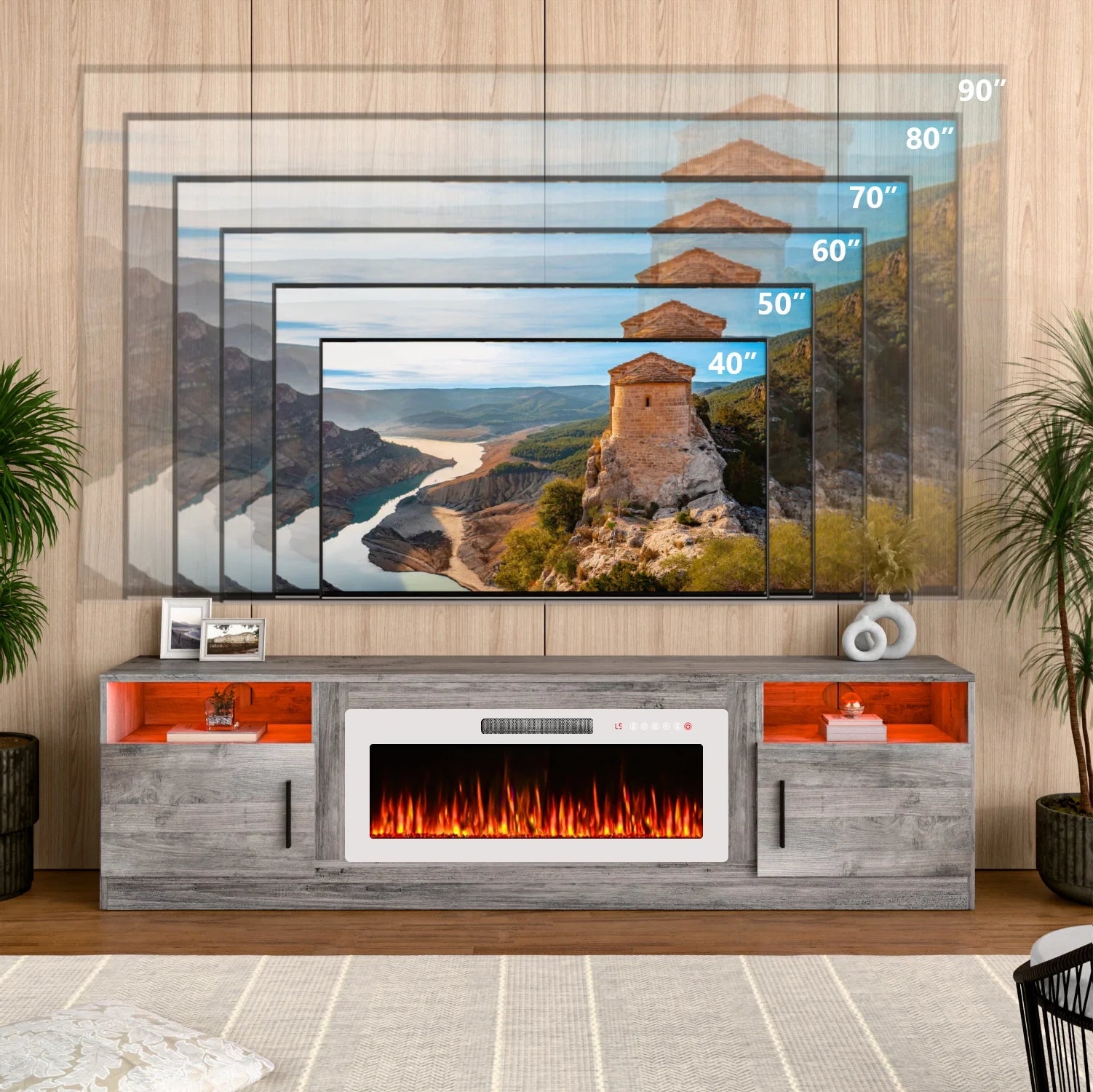 Waleaf Fireplace TV Stand with 36" Electric Fireplace up to 80" Tvs, Modern Wood Media TV Console with Highlight Cabinet, White
