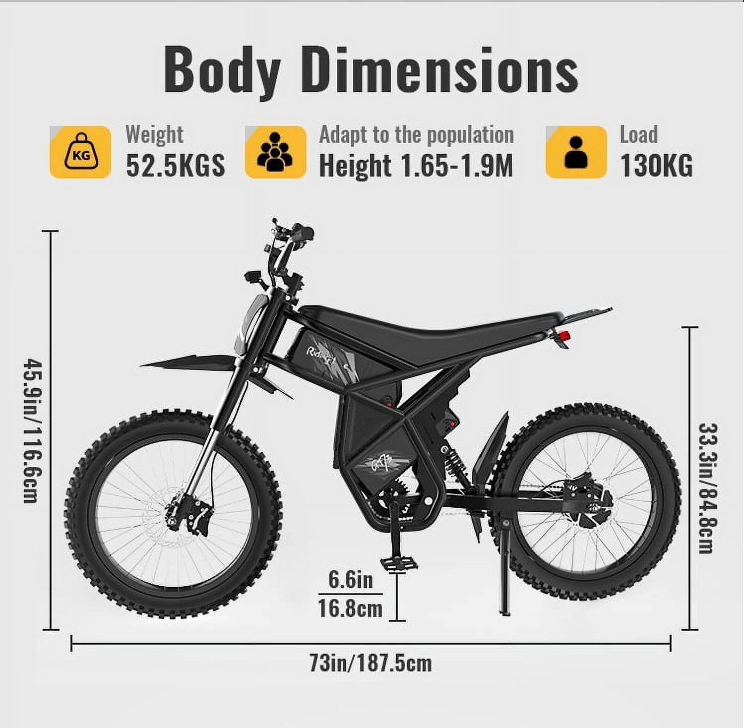 2000W Electric Dirt Bike for Adults Ridingtimes GT73 UL2849, Brushless Hub Motor, 18.2ah*2 Electric Bike with 25" Tires Digital Screen Carbon Steel, Black