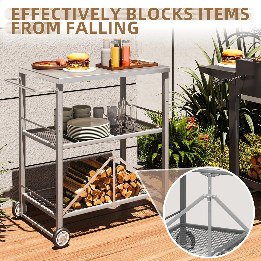 AECOJOY Outdoor Grill Cart Table, Stainless Steel Pizza Oven Stand Trolley Table with Wheels & Handle, Grey