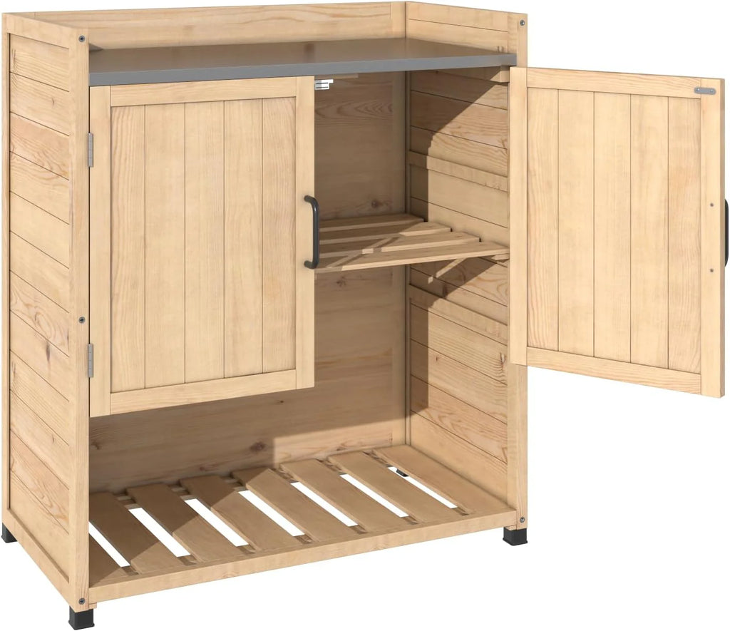 AECOJOY Potting Bench, Outdoor Wooden Storage Cabinet with Adjustable Shelf, Metal Tabletop