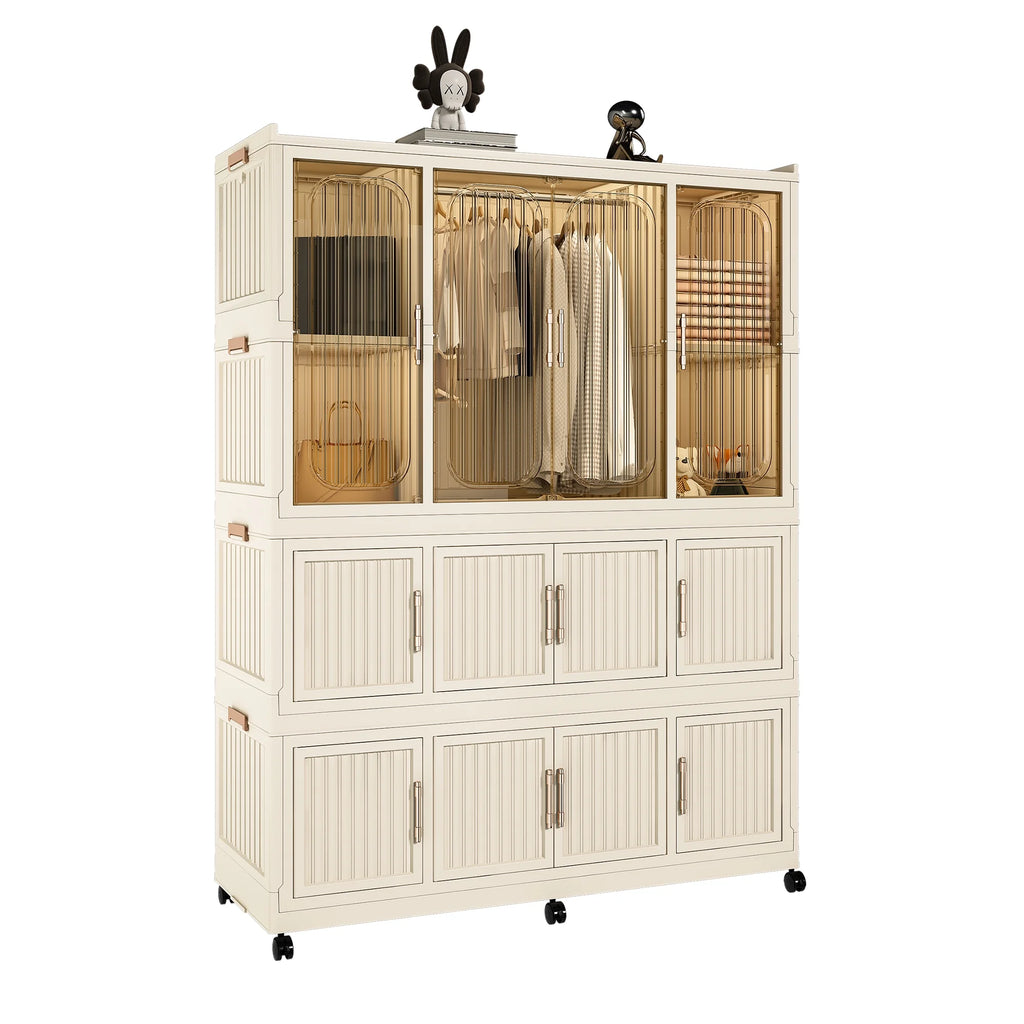Montary Kids Portable Wardrobe W/ Magnetic Doors & Hanging Rod - 4 - Cube Plastic Storage Cabinet, Nursery/Bedroom