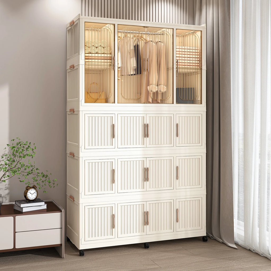 Montary Kids Portable Wardrobe W/ Magnetic Doors & Hanging Rod - 4 - Cube Plastic Storage Cabinet, Nursery/Bedroom