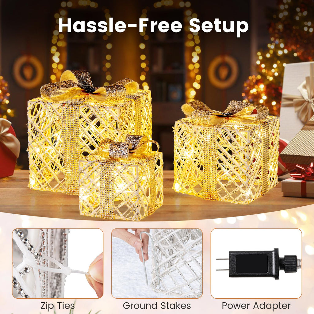 Tangkukla 3 Pack Christmas Lighted Gift Box, Pre-Lit Festive Boxes w/ 50 LED Lights