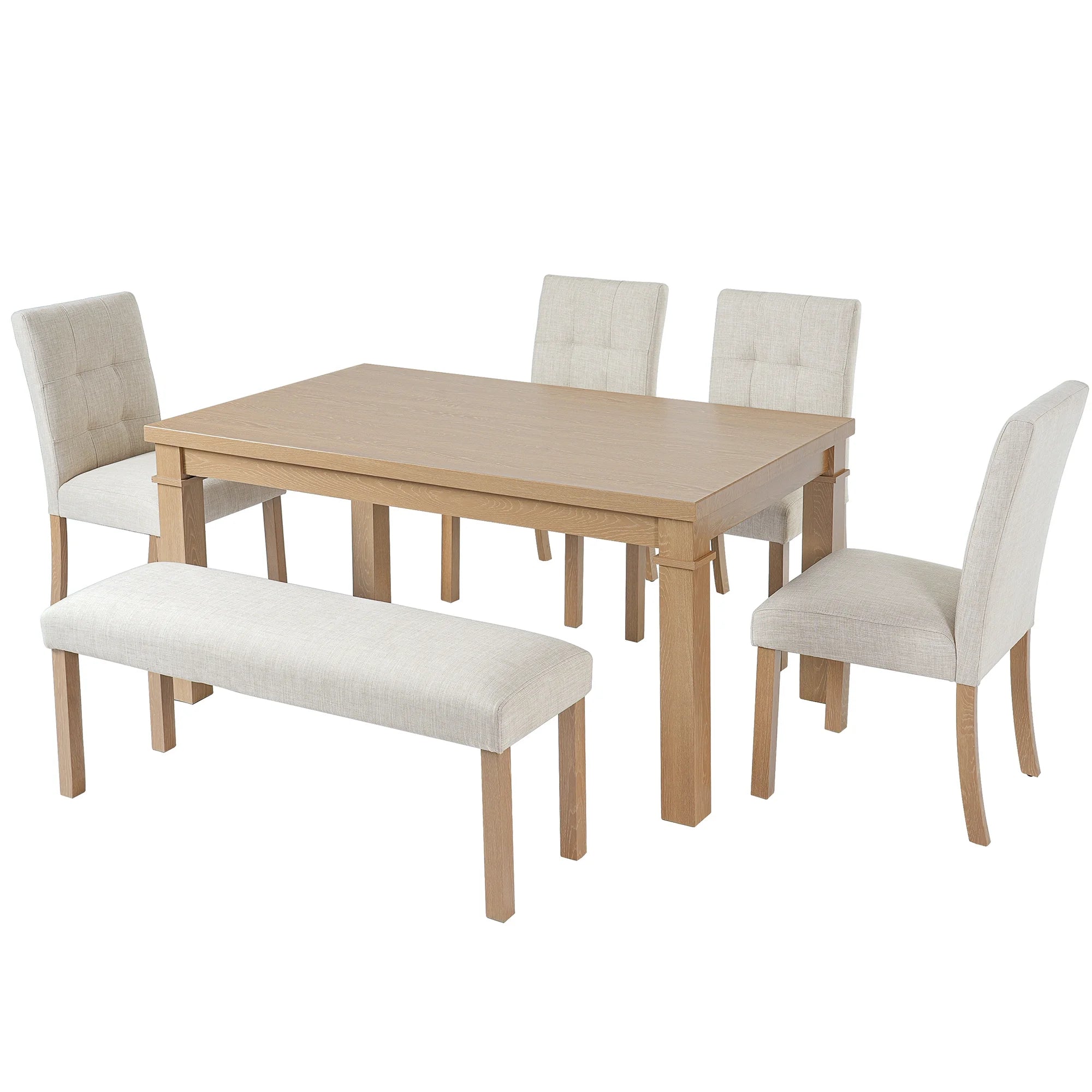 Euroco 6 - Piece Wood Dining Table Set for 6, Modern Rectangular Kitchen Table with 4 Upholstered Chairs & Bench for Kitchen Dining Room, Walnut