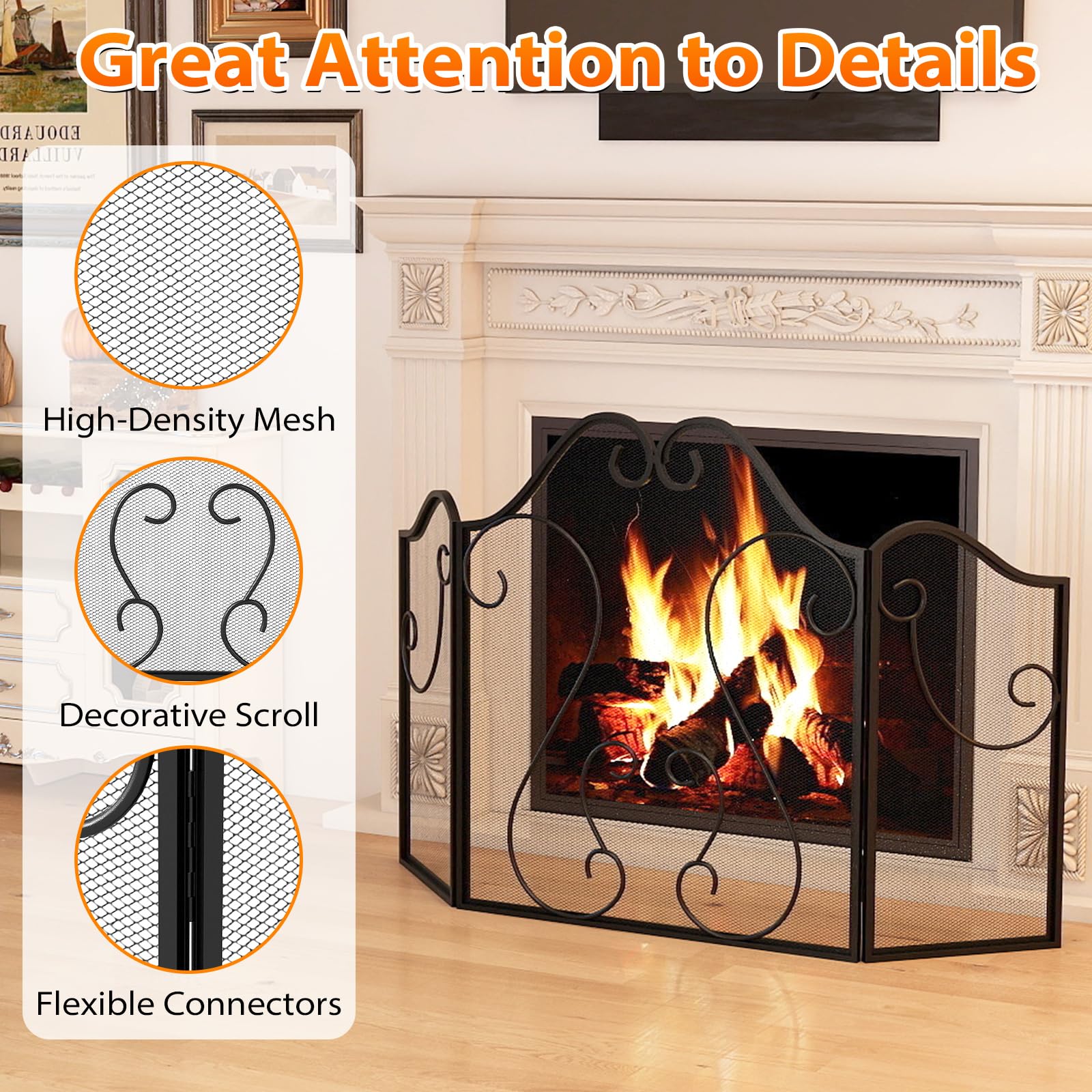 Tangkula 3 Panel Fireplace Screen with Decorative Scroll