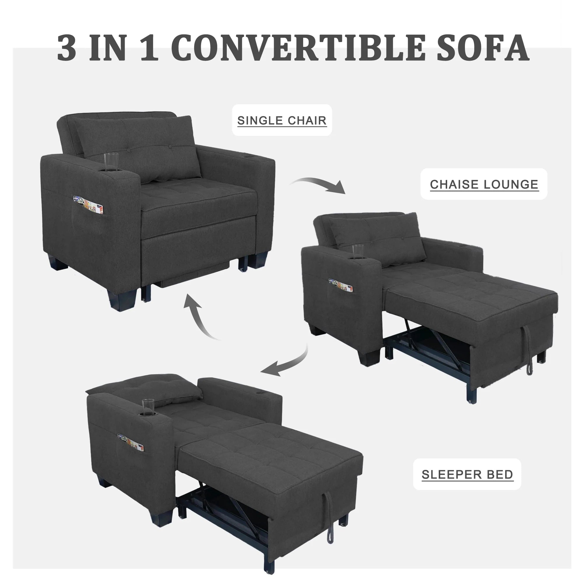 DURASPACE 3 in 1 Convertible Sleeper Chair Bed with Usb Port, Linen Pull Out Chair Indoor, Dark Gray