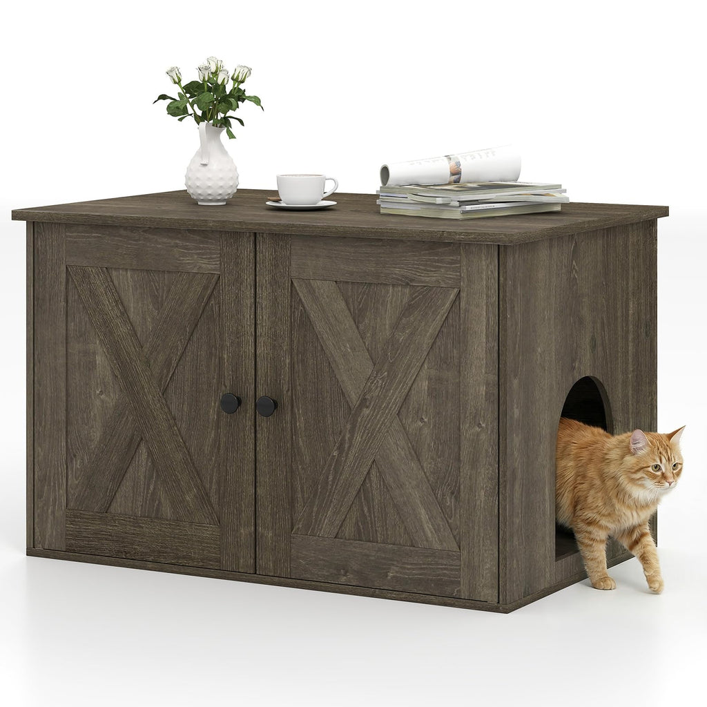 Tangkula Hidden Cat Litter Box Enclosure Furniture with Divider