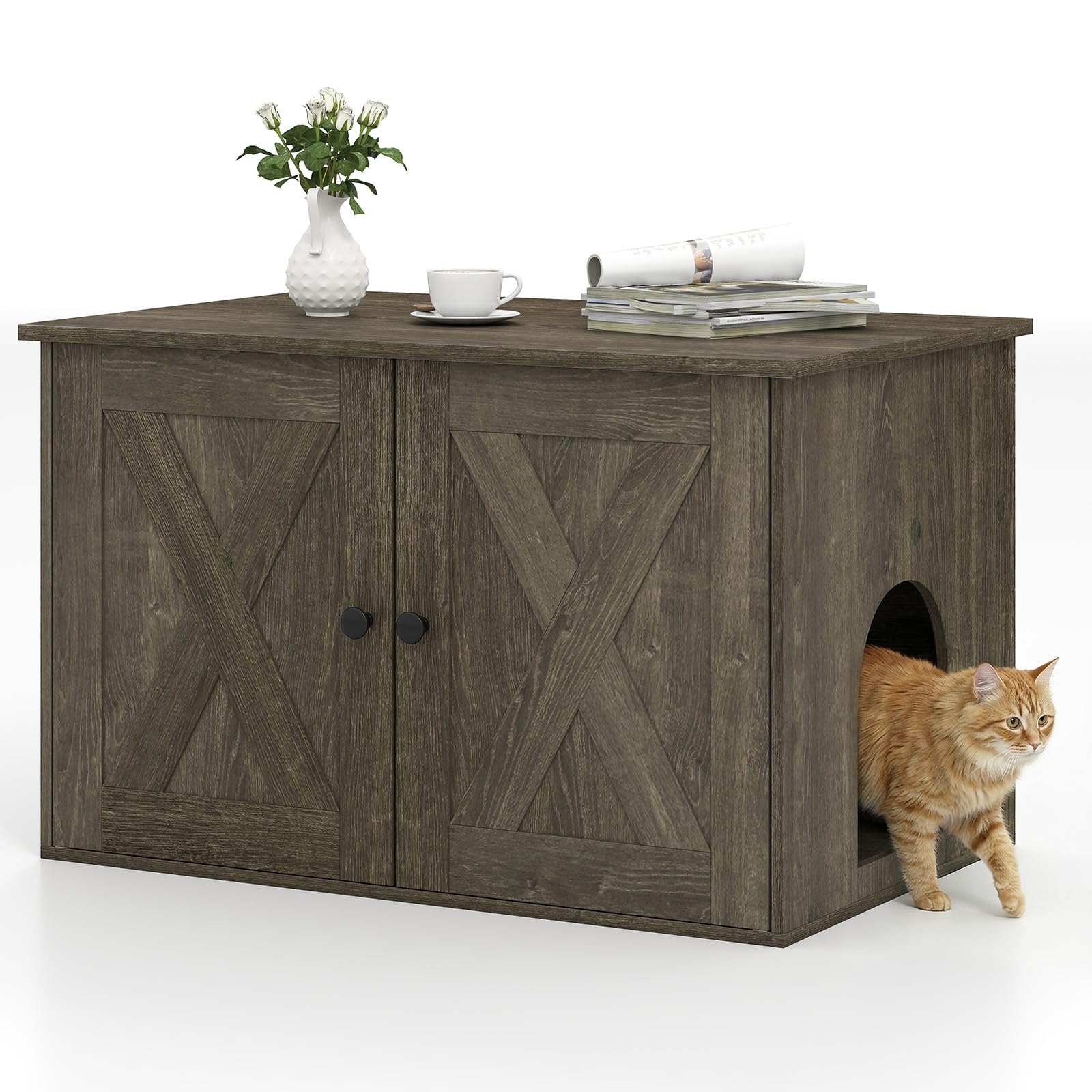 Tangkula Hidden Cat Litter Box Enclosure Furniture with Divider