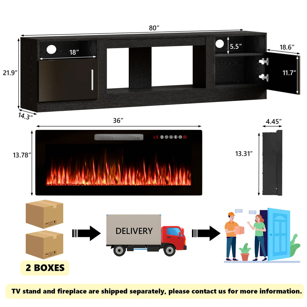 Waleaf Fireplace TV Stand with 36" Electric Fireplace up to 80" Tvs, Modern Wood Media TV Console with Highlight Cabinet, White