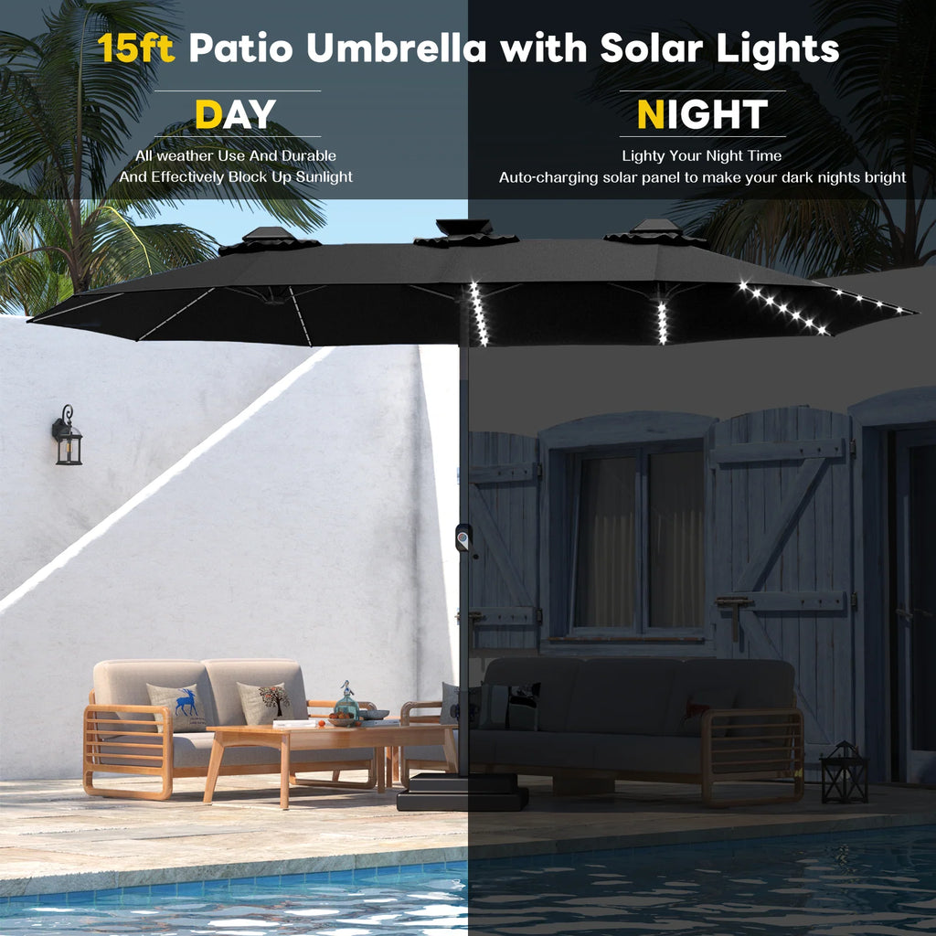 AECOJOY 15ft Patio Double-Sided Umbrella, 156 PCS Solar LED Light Outdoor Large Umbrella, Black