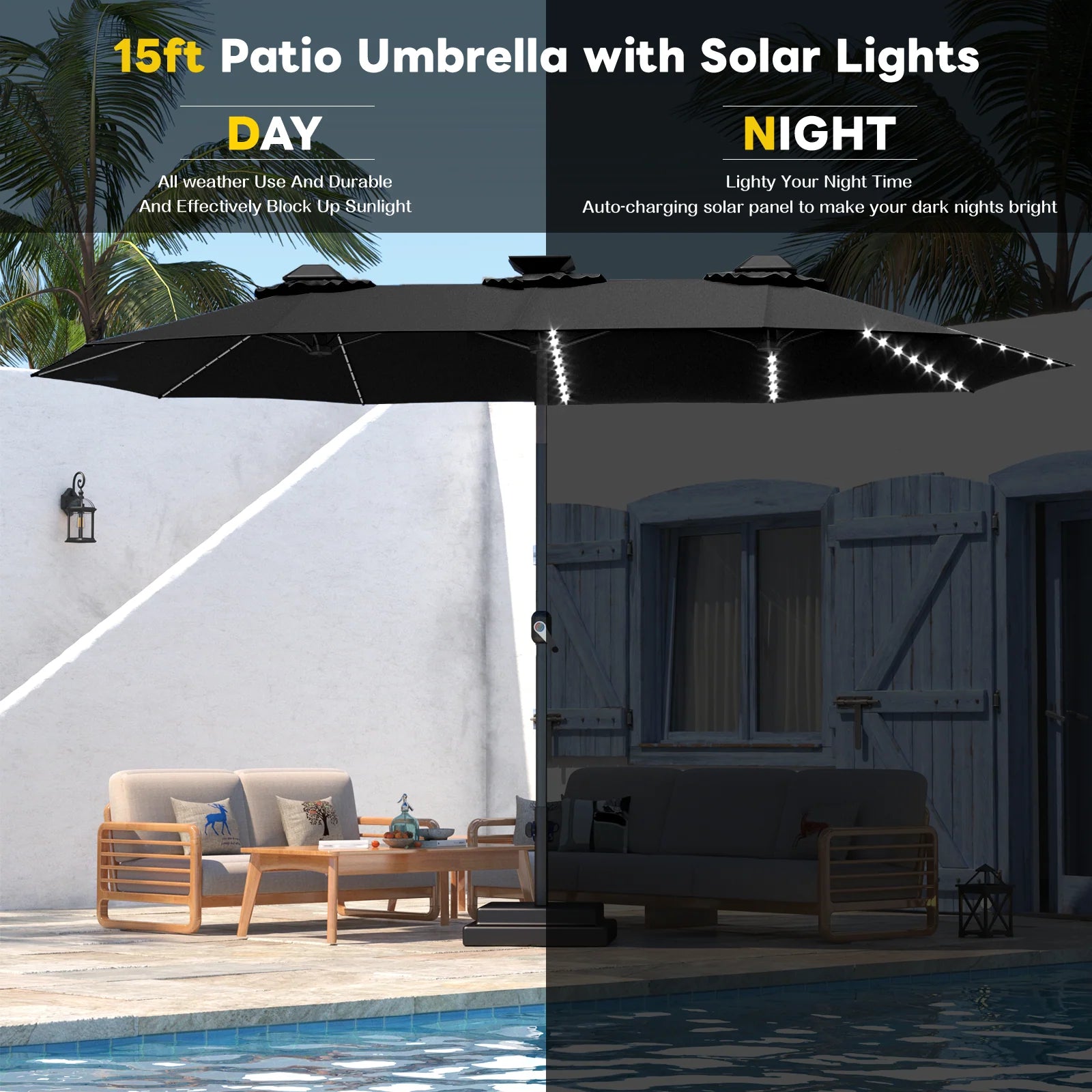 AECOJOY 15ft Patio Double-Sided Umbrella, 156 PCS Solar LED Light Outdoor Large Umbrella, Black