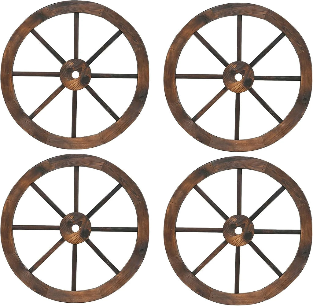 Tangkula 24 Inch Set of 2/4 Decorative Wooden Wagon Wheel Carbonized Solid Fir Wood