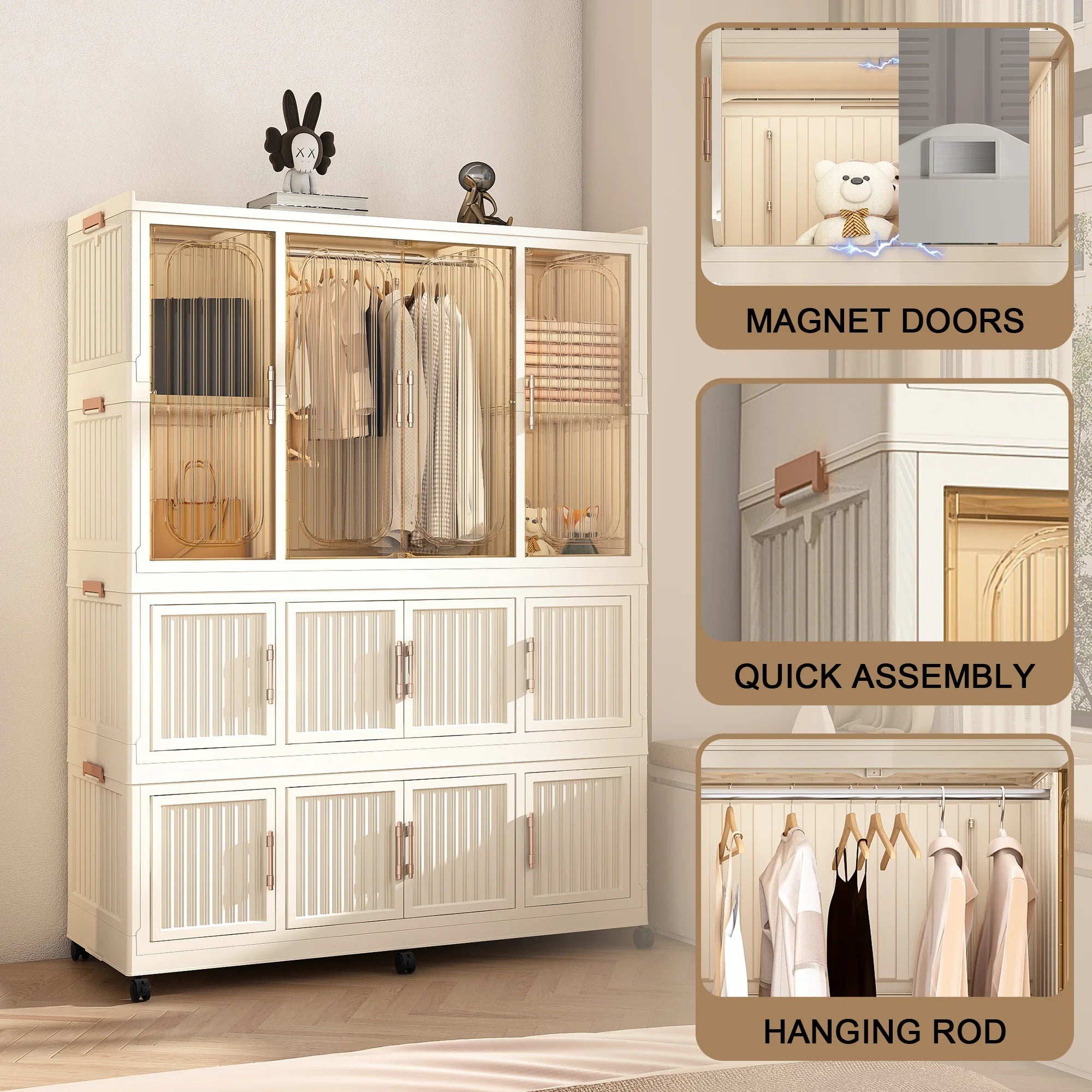 Montary Kids Portable Wardrobe W/ Magnetic Doors & Hanging Rod - 4 - Cube Plastic Storage Cabinet, Nursery/Bedroom
