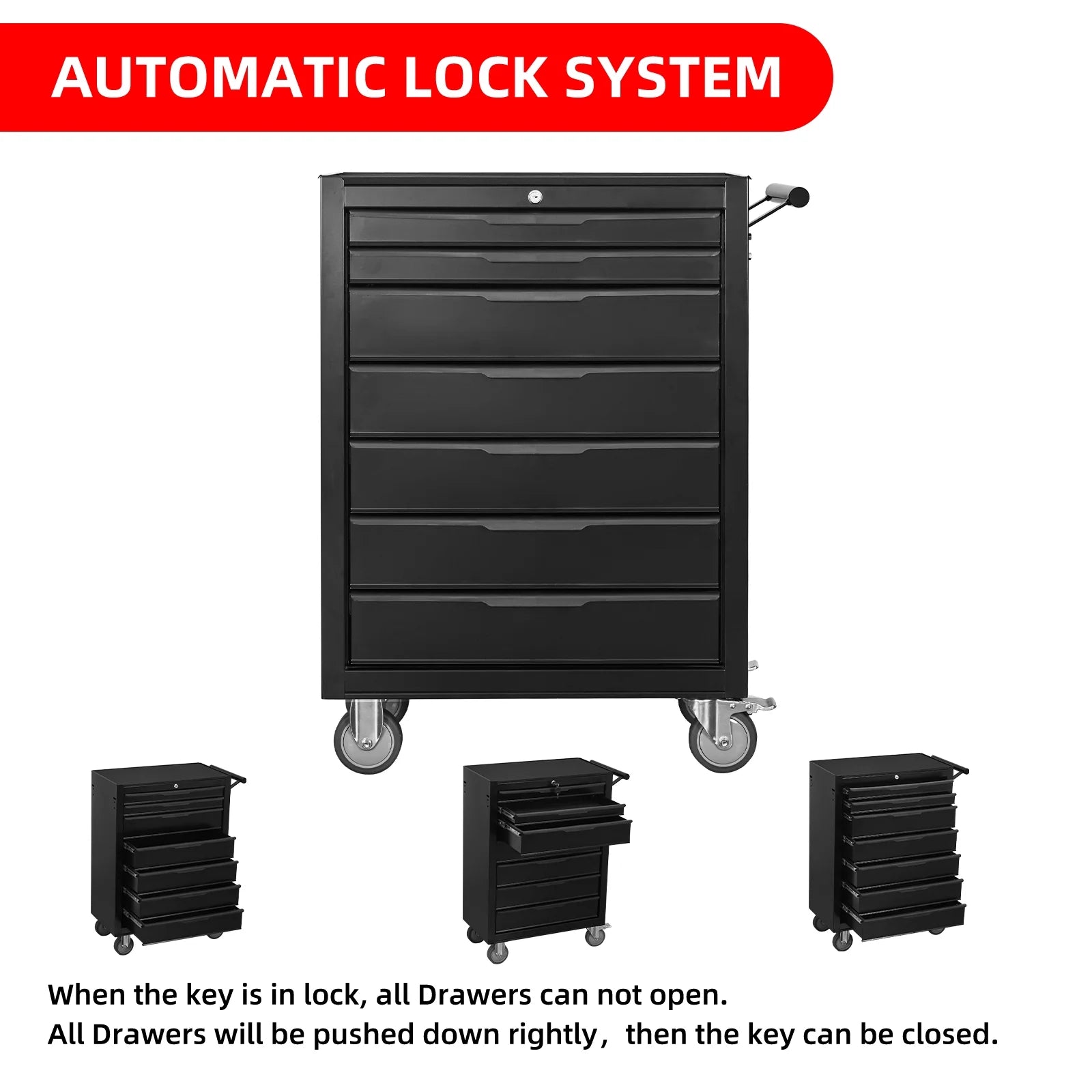 7 - Drawer Rolling Tool Chest Cabinet, Large Capacity Metal Tool Box with Wheels and Cylinder Locking, Roll Around Storage Organizer Tool Cart for Garage, Warehouse, Work Shop - Black
