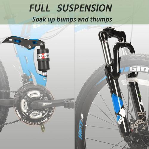 26"full Suspension Folding Mountain Bike 21 Speed 17" Foldable Frame Bicycle Men or Women MTB for Afult Blue